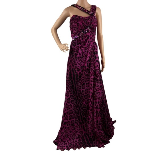 Cassandra Stone by Mac Duggal One-Shoulder Gown 2 Fuchsia Leopard Print Beaded - Picture 2 of 16
